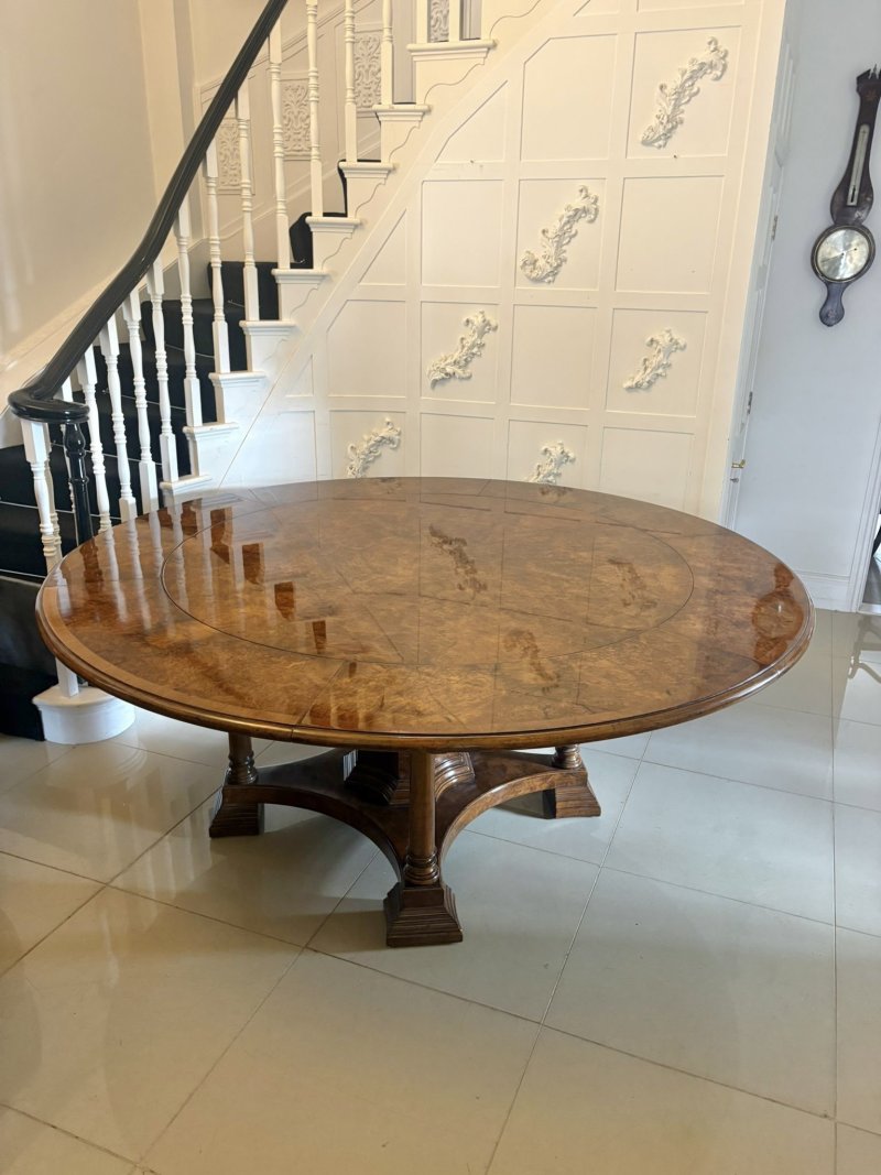 Antique Exceptional Quality Burr Walnut Circular Extending Dining Table Seating 10 with Radial Leaves & Matching Burr Walnut Leaf Holder